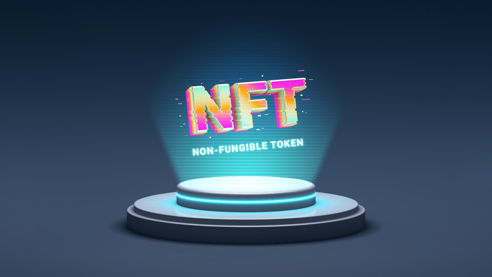 non fungible token platform showing nft crypto art hologram 3d rendering